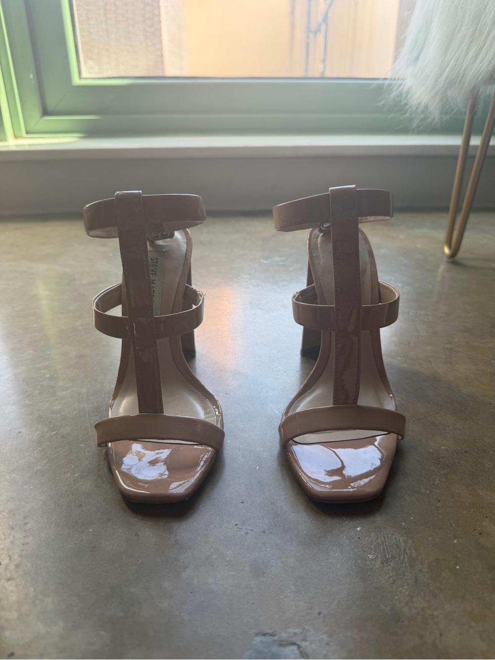 Steve Madden Nude Patent T-Strap Block Heel Sandals